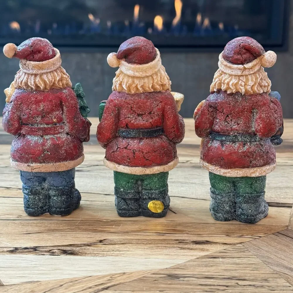 Vintage Style Old World Santa Claus Figurines Set of 3 Rustic Carved Wood Look